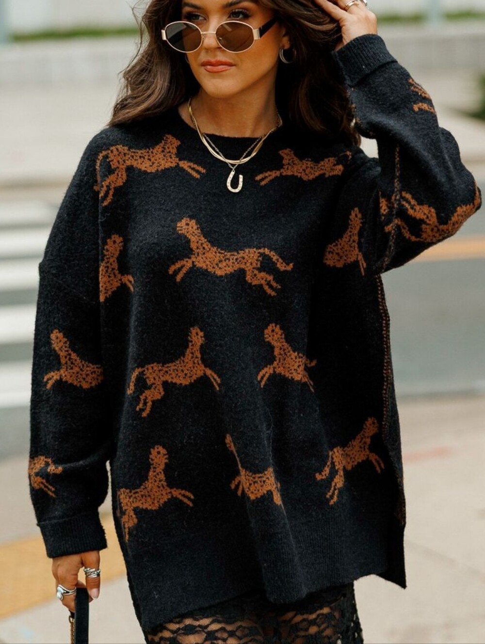 Easel Oversize Black Leopard Sweater Size Medium Wild Animal Cozy Slouchy